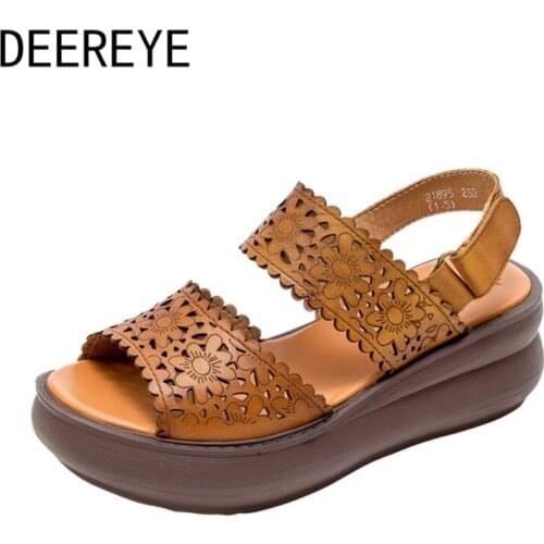 New Ethnic Style Upper Hollow-Out Sunflower 5.7CM Platform Women Ankle Strap Comfortable Open Toe High Heel Casual Sandals