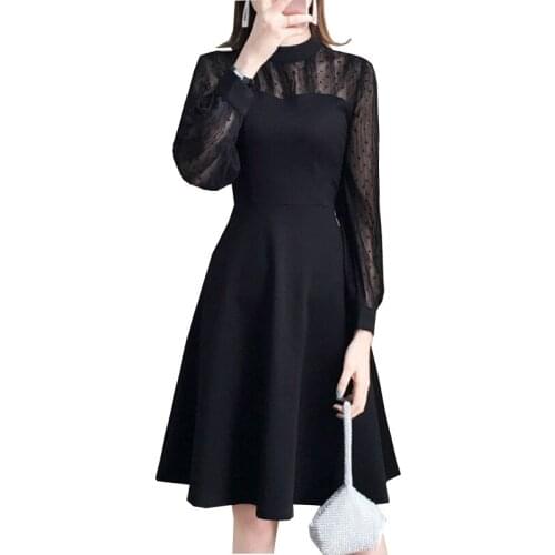 Oversize 4XL New Womens Dresses Fashion Spring Autumn 2021 Women Dress Lace Stitching Bottoming Black Hedging Lady Dress Hollow