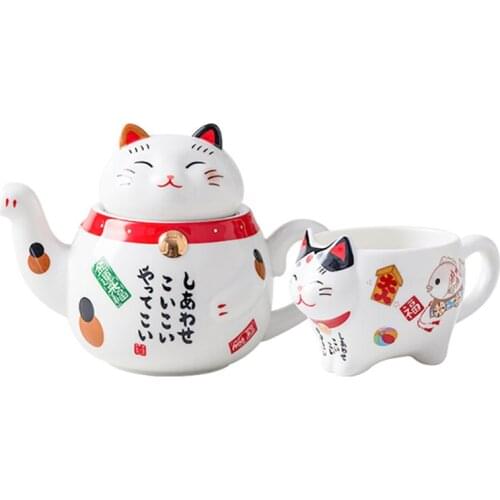 2 Pcs Cute Japanese Lucky Cat Porcelain Tea Set Creative Ceramic Tea Cup Pot with Strainer Lovely Plutus Cat Teapot Mug