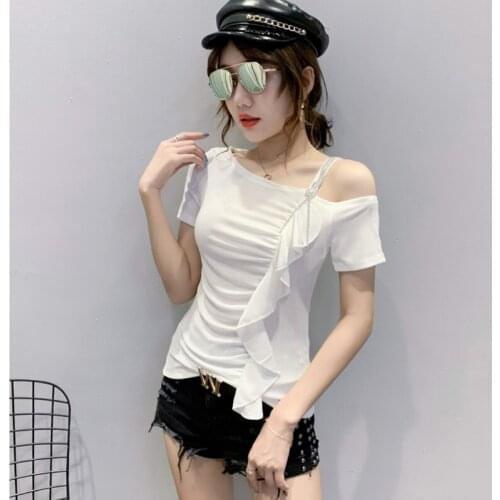 GGRIGHT Korean T Shirt Women Sexy Ruffles Slash Neck Off Shoulder Tshirt 2021 New Summer Slim Top Clothes Shirt Camiseta Mujer