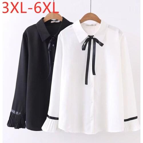 New 2021 Ladies Spring Autumn Plus Size Tops For Women Large Long Sleeve Loose White Black Bow Shirt 3XL 4XL 5XL 6XL