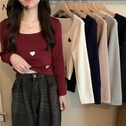 Neploe Slim Bottoming Autumn New Pullover Tops Mujer Embroidered Love Long-sleeve Knitting Shirts Women Square Collar Sweaters