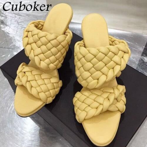 Brand 2021 High Heel Sandals Women Fold Braid Pointed Toe Slides Summer Women Slip On Mules Vacation Beach Sandals Women Mujer