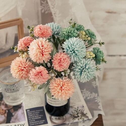 1Bunch Pink Hydrangeas Artificial Flowers Bouquet Silk Dandelion Flower Ball Fake Flower Green Plant DIY Home Wedding Decoration