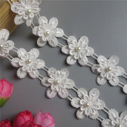 1yard Soluble White Pearl Daisy Flowers Embroidered Lace Trim Ribbon Fabric Sewing Craft For Costume Wedding Dress Decoration