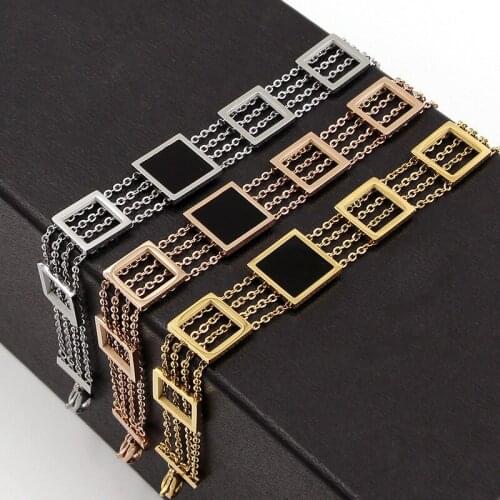 Trendy Cool Roman Numerals 5 Squares Chain Bracelet ,Rose gold color Titanium Steel Chains Black triangles Bangle/Bracelet