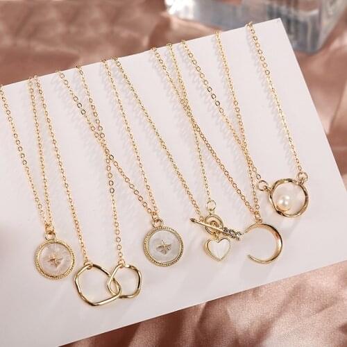 Fashion Gold Moon Irregular Coin Chain Pendant Necklaces For Women Pearl Double Circle Chain Pendant Necklace Jewelry