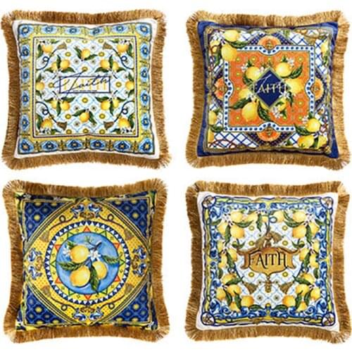 Watercolor Lemon Zippered Pillow Cover Square Decorative Throw Pillow Case Fashion Style Cushion Covers With Tassel 17x17 Inch