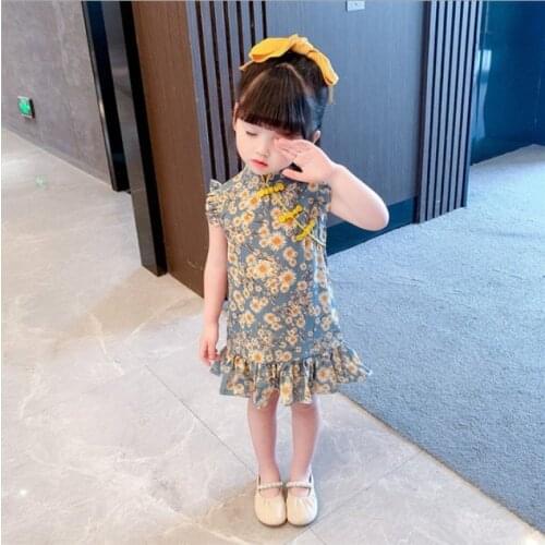 Girls' cheongsam summer skirt Chinese style retro floral dress baby princess skirt womens cheongsam