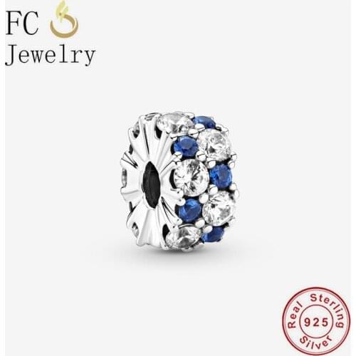 FC Jewelry Fit Original Charm Bracelet 925 Silver Round Pave Blue Zirconia Stopper Clip Lock Beads For Making Women Berloque New