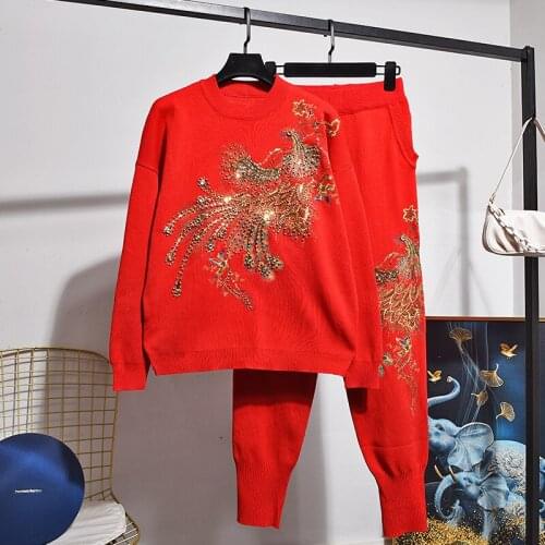Red Knitted Set Women Tracksuits Handwork Beading Peacock Embroidery Pullover Sweater Pencil Pants Outfits Female Loose Knit 2pc