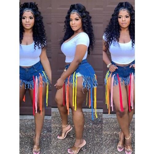 Olivekwok 2021 Summer Woman Fashion Hollow Out Shorts Sexy Tassel Straight Jeans