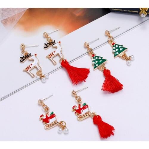 Cute Christmas Earrings Series Christmas Tree Elk Shoes Bead Pendant Asymmetrical Hair Ball Tassel Silver Needle Earrings