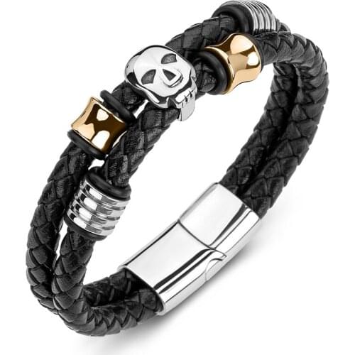 Fashion Men Bracelets Braided Leather Wristband Male Stainless Steel Skull Party Bangles Punk Jewelry Gifts P189