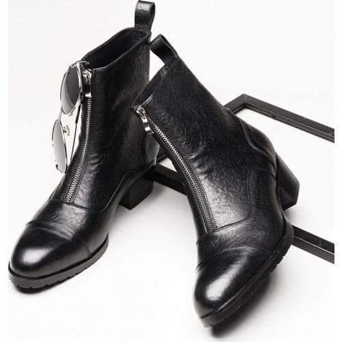 Men Winter Chelsea Boots Genuine Leather Mens Platform Brogue Casual Ankle Flat Shoes Zipper Dress Designer Increased Boots