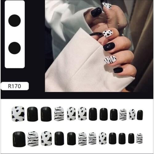 24pcs/Set Fashion False Nails With Glue Dark Butterfly Black White Leopard Print Fake Nails Wearable Removable Hакладные Hогти