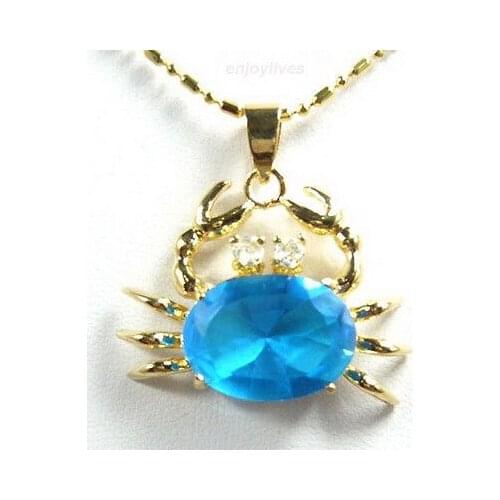 Sky-Blue Cubic Zirconia Yellow Gold Plated Crystal Crab Pendant & Necklace