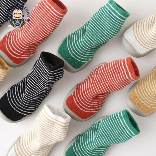 Autumn and Winter New Towel Thickening Childrens Floor Socks Baby Baby Toddler Shoes Rubber Sole Striped Tube Training Socks