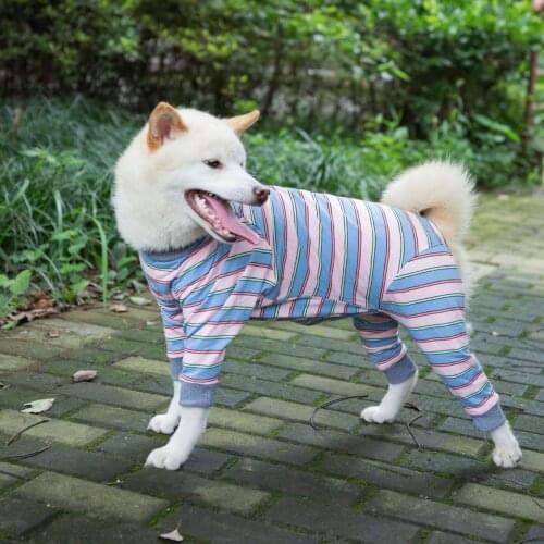 Dog Recovery Suit Striped Dog Onesie Full Coverage Dog Bodysuit Long Sleeve 4 Legs Pajamas for Medium Large Dogs