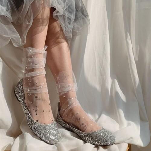 Transparent Unique Glitter Sequins Star Heap Heap Lace Silk Socks Creative Sexy Mesh Socks Women Japan Harajuku Ultra-thin Socks