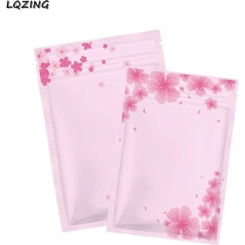 50PCS Pink Cherry Blossom Self Sealing Zipper Bag Small Flat Foil Gift Bags For Jewelry/Powder Packaging/Makeup Pouches