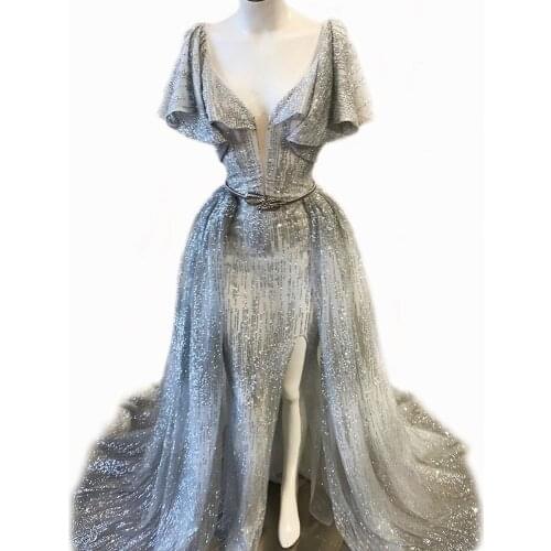 Bling Glitter Fabric Two Pieces Evening Dress Plunging Neckline Ruffle Sleeves Thigh-High Slits Detachable Over Skirt Prom Gowns