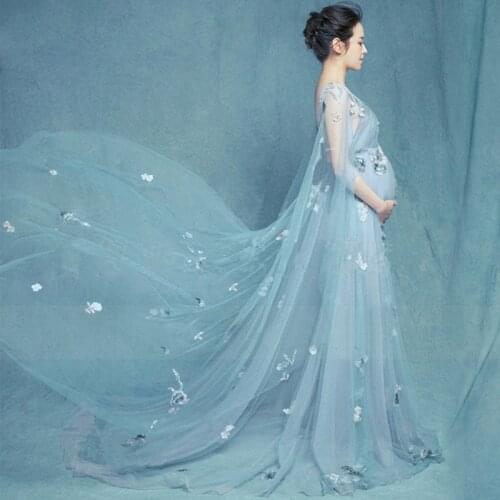 Blue Appliques Pregnancy Dress for Photo Shoot Floral Maternity Photography Props Formal Party Wedding Clothes Maternity Gown