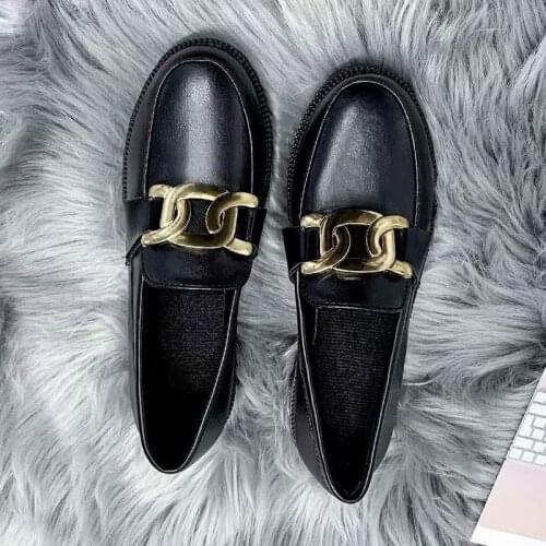 Women PU Leather Chain Casual Slip-on Breathable Shallow Solid Shoes Female British Style Elegant Dress Leisure Loafers