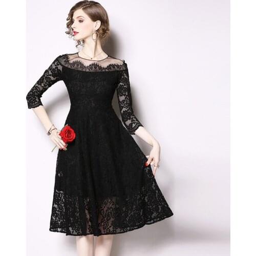 2021 Spring Autumn Womens Dress French Round Neck Solid Color Lace Mesh Stitching Dress New Slim Female Waist Dresses X843