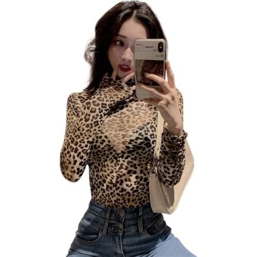 Women Spring Leaopard Tshirt Sexy Retro Turtleneck Bottoming Slim Long-sleeved Mesh Perspective Tee Shirt Femme
