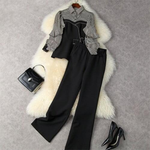 2021 New Fashion Autumn Winter Women Pants 2 Piece Set Brand Designer Lantern Sleeve Patchwork Striped Top Blouse Office Outfits