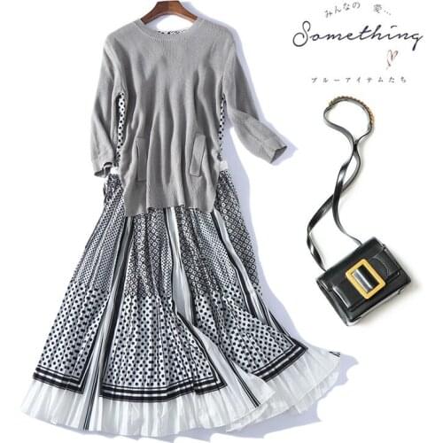 End New spring high Japanese women s long sleeves show thin knitting splicing dots fake two piece dress long