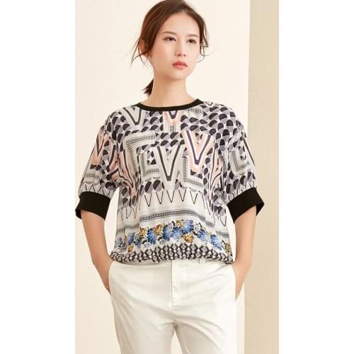 100% Silk Blouse Women Loose Patchwork Top Printed Simple Design O Neck Half Sleeves Casual New Fashion 2019