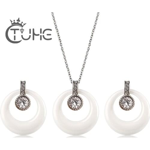 Big Australia Rhinestone Women Jewelry Set For Women Elegant White Circle Shape Ceramic Pendant Earring Necklace Sets Free Chain