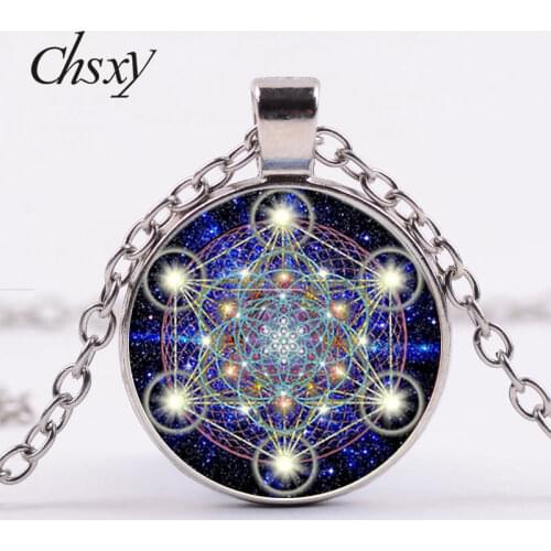 CHSXY Sacred Geometry Metatron Cube Pendant Necklace Flower of Life Magic Hexagram Art Photo Glass Necklaces Amulet Jewelry Gift