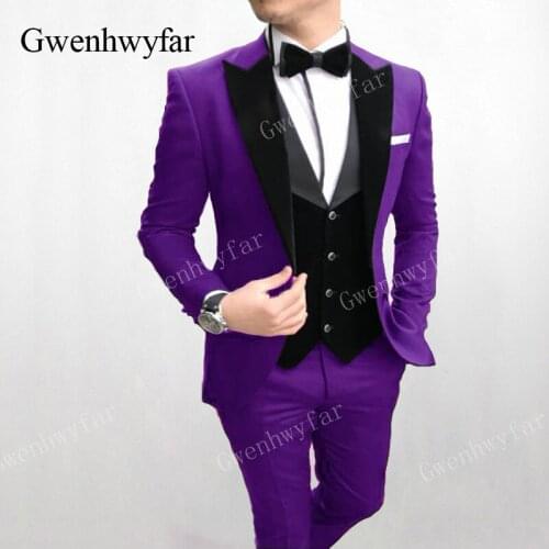 Gwenhwyfar Elegant Purple 3 Pieces Suit 2019 Dinner Party Prom Suit Velvet Lapel Groom Wedding Men Suit Slim Fit Best Man Tuxedo