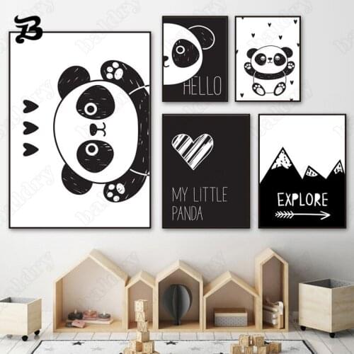 Lovely Panda Canvas Painting Black White Cartoon Wall Art Posters Prints Little Panda Wall Picture for Baby Room Bedroom Decor