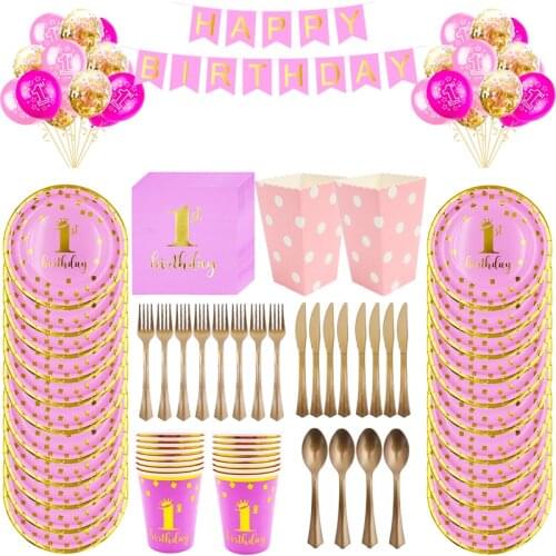 Crown Number 1 Bronzing Tableware Disposable Paper Plate Napkin Garland Balloon Girl Birthday Party Decorations Baby Shower Set