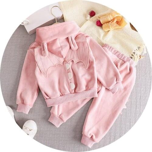 Baby girl winter autumn warm clothing suit Hooded sweatshirt jacket plus velvet thickening suit girls Cartoon coat pant 2Pcs set