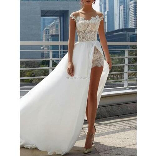 971 hot sale boat-neck cap-sleeves floor-length A-line lace&chiffon beach long wedding dresses/formal gowns slit free shipping