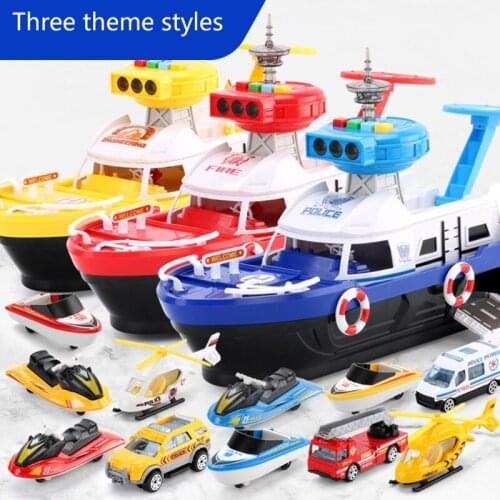 Simulation Track Inertia Boat with Vehicles Set Music Story Lights Transport Storage Ship Model Car Parking Kids Toys