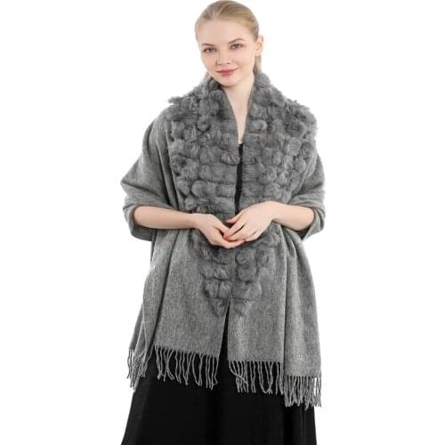 Fashion Women Pure Wool Shawl with Rabbit Fur Pom Pom Scarves Top Quality Autumn Winter Wedding and Party Solid Wool Pashminas