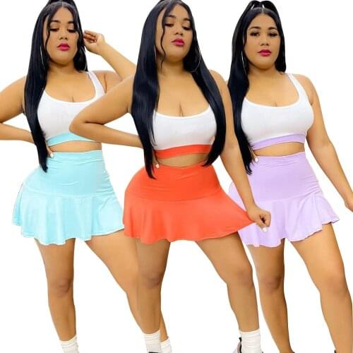 Fashion Color Block Patchwork Skirts Tracksuit Women Sexy Tank Crop Top + Mini Skirts Slim Club Party Two Piece Set Outfits