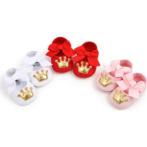 0-18M Cute Newborn Baby Girl Soft Cotton Crown Bowknot Princess Shoes First Walkers Prewalker