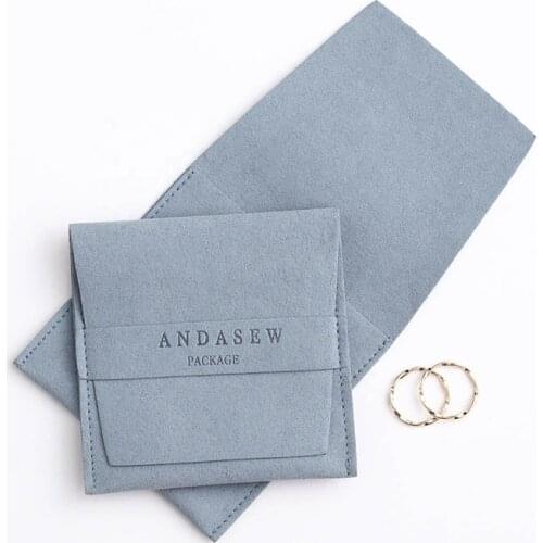 Custom Deboss Printed Logo Luxury Envelope Style Microfiber Jewelry Pouches for Fashion Earrings Necklaces Packaging With Band