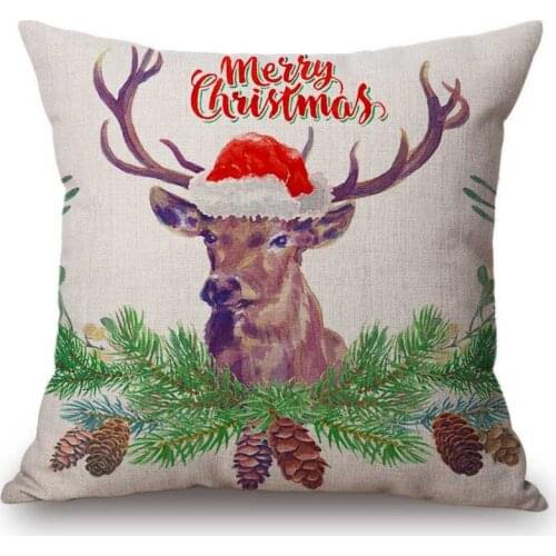 Christmas Decoration Sofa Throw Pillow Watercolor Reindeer Jingle Bell Flower Wreath Merry Christmas Letters Print Cushion Cover