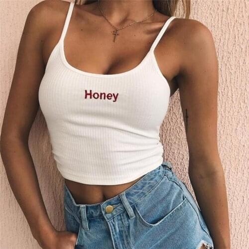 2019 Sexy Women Crop Top Honey Letter Print Tank Tops Cropped Ladies Spaghetti Strap Elastic Shirt Summer Vest Camisole