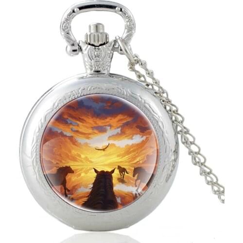 Horse And Eagle Pattern Silver Vintage Quartz Pocket Watch Pendant Clock Watch Men Women Charm Glass Dome Necklace Best Gifts