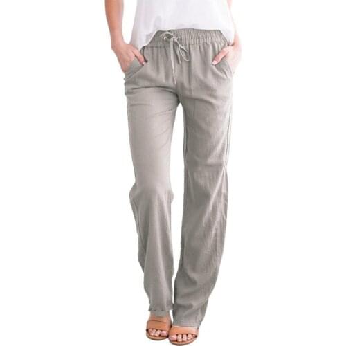 Womens Straight Leg Pant Cotton Linen Regular Fit Pant Summer Casual Pants Drawstring Long Trousers with Pockets S-3XL A66
