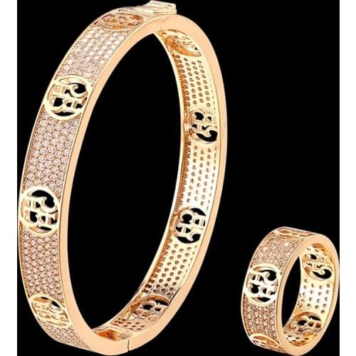 Luxury Bangle and rings womens jewelry sets all zirconium micro inlays hollow circles with letters CH in combination jewelry